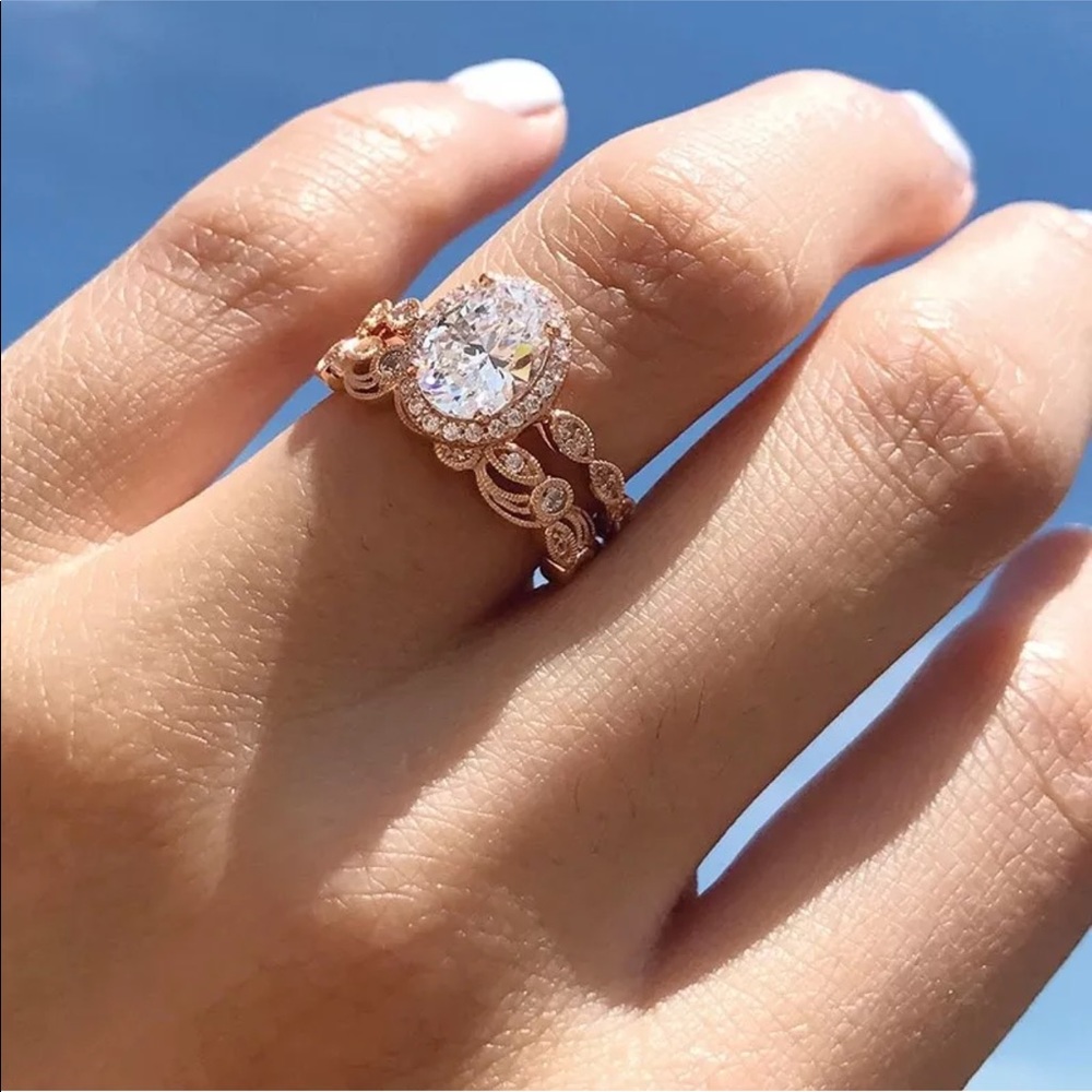 14k rose gold oval engagement ring band set - Picture 4 of 7